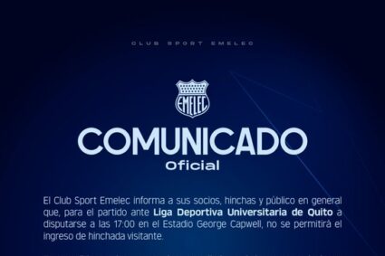 El Club Sport Emelec informó mediante un comunicado oficial que, para el partido frente a Liga Deportiva Universitaria de Quito, no se permitirá el ingreso de hinchada visitante al estadio George Capwell